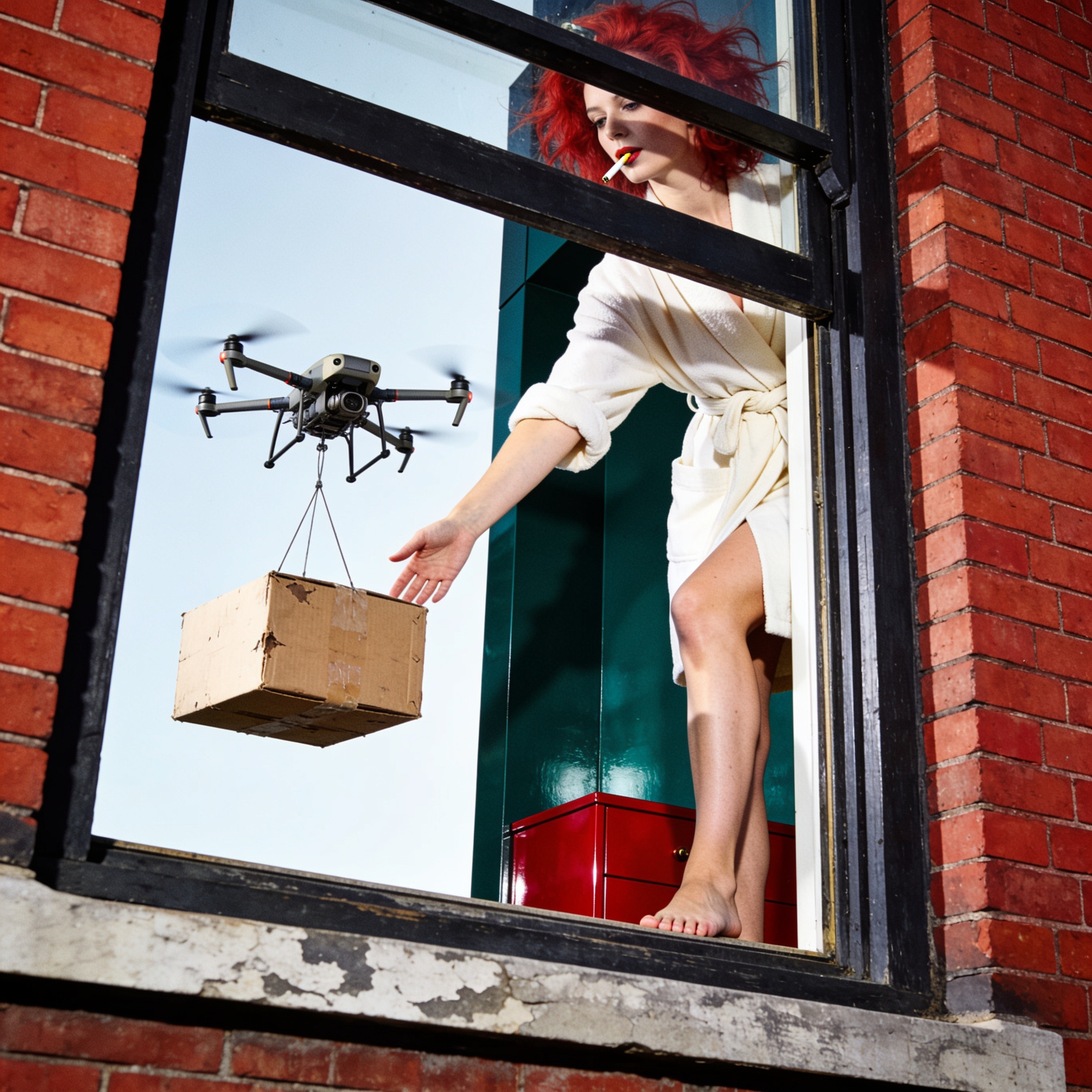 Woman in a robe reaching from a window for a drone-delivered package