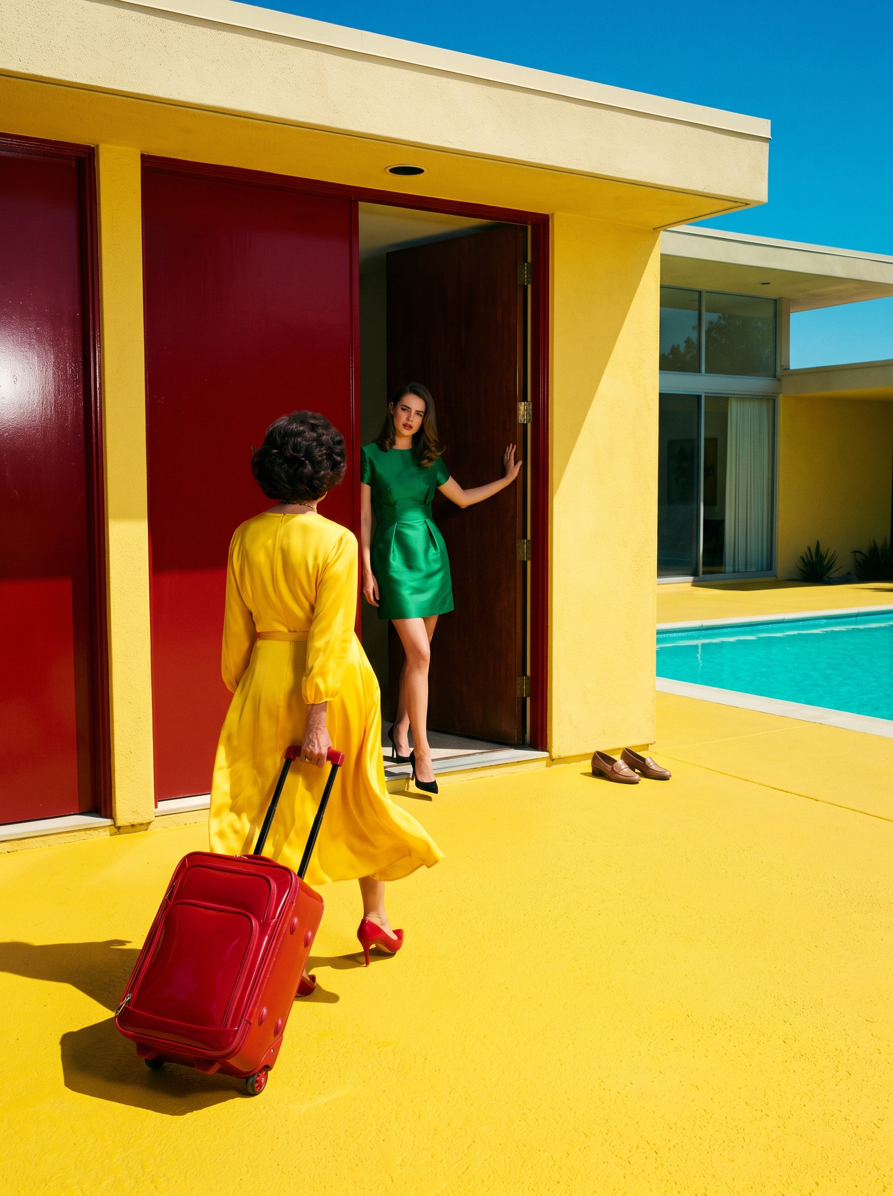 Woman in a yellow dress with a red suitcase arriving at a modernist house
